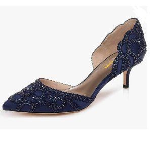 XYD Navy Pointed Toe D'Orsay Kitten Low Heels Rhinestone Shoes